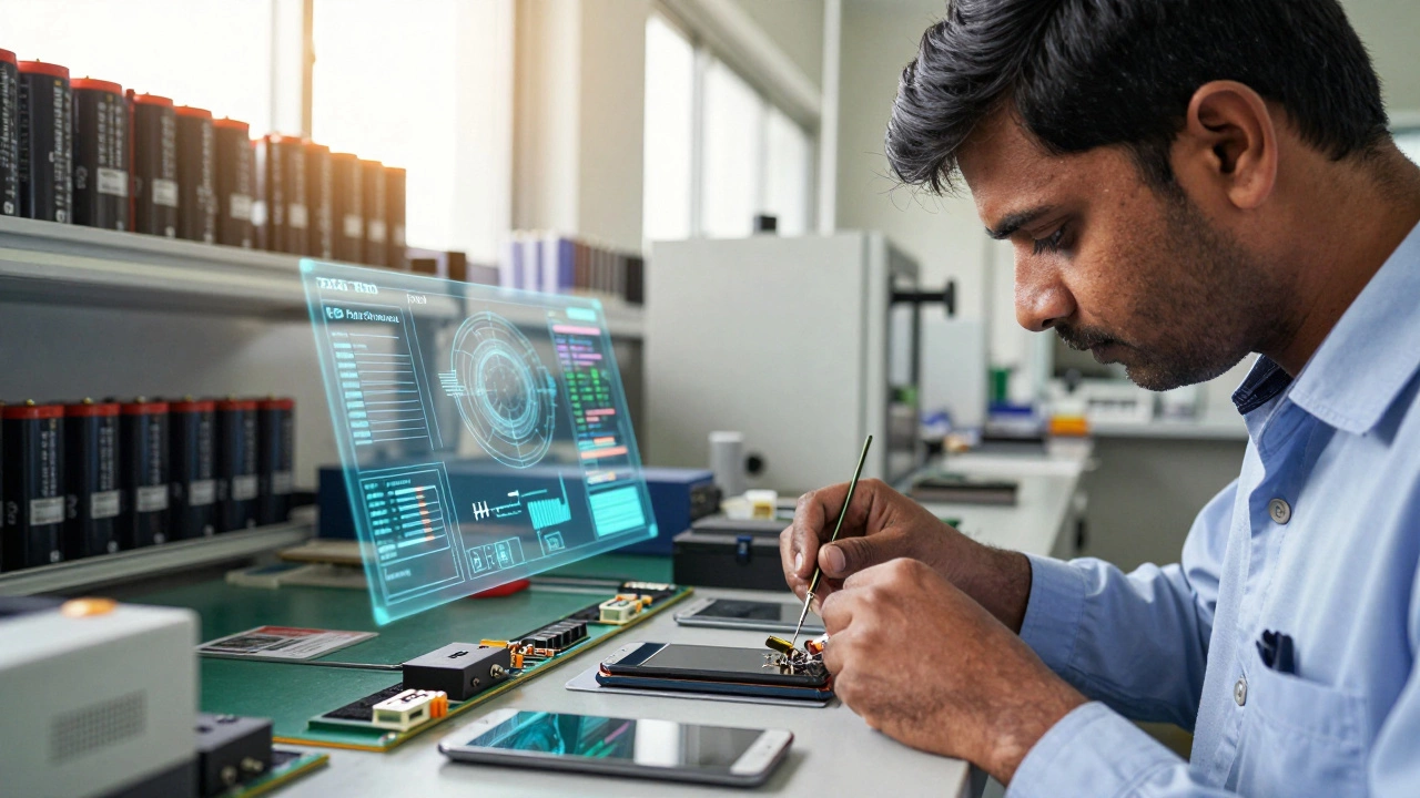 An Indian technician assembling smartphones in a high-tech facility with holographic displays and batteries in the background.