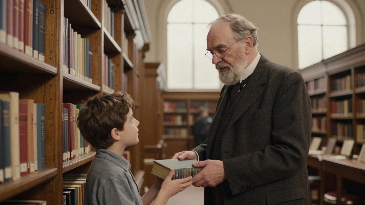 Andrew Carnegie donating books to a child in a library.