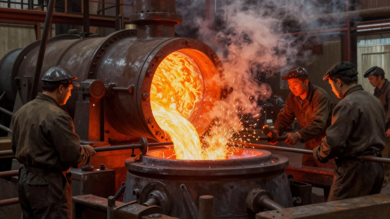 Bessemer process converting iron into molten steel during production.
