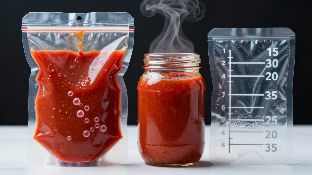 Vacuum-sealed pouch and glass jar side by side, illustrating extended shelf life through packaging.