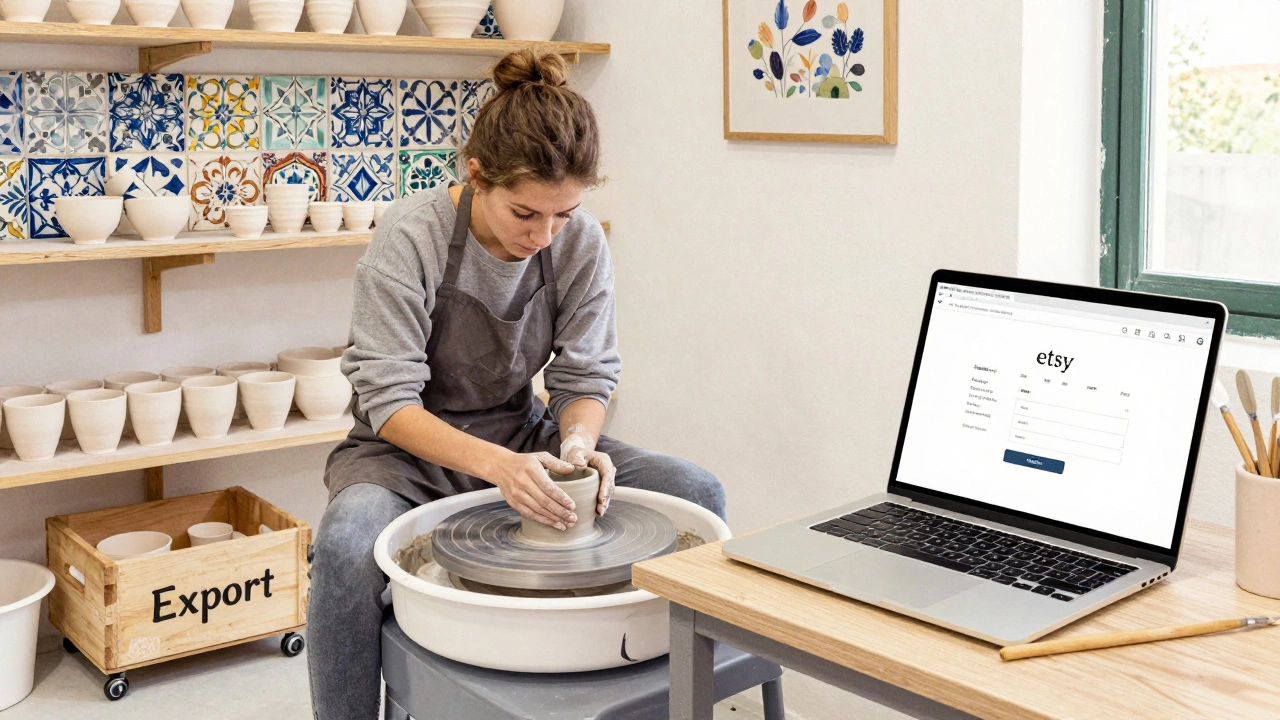 A potter shaping ceramic tiles in a sunlit Portuguese studio, shelves filled with handmade designs.