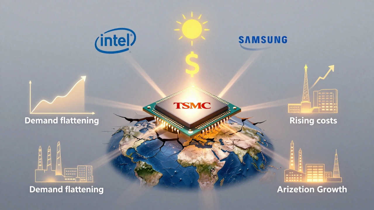 A symbolic chip under pressure from five forces: demand slowdown, geopolitics, rising costs, competitors, and overseas expansion delays.