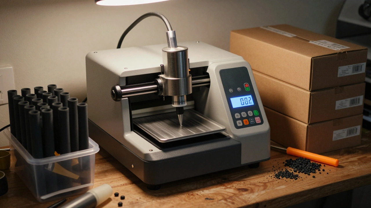 A tabletop injection molding machine producing silicone seals in a basement.