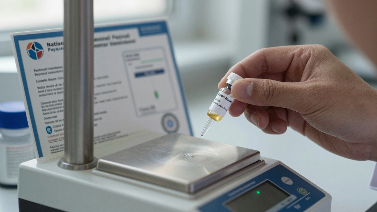 A technician using a microgram-scale balance to measure a tiny amount of food coloring with a calibration certificate in the background.