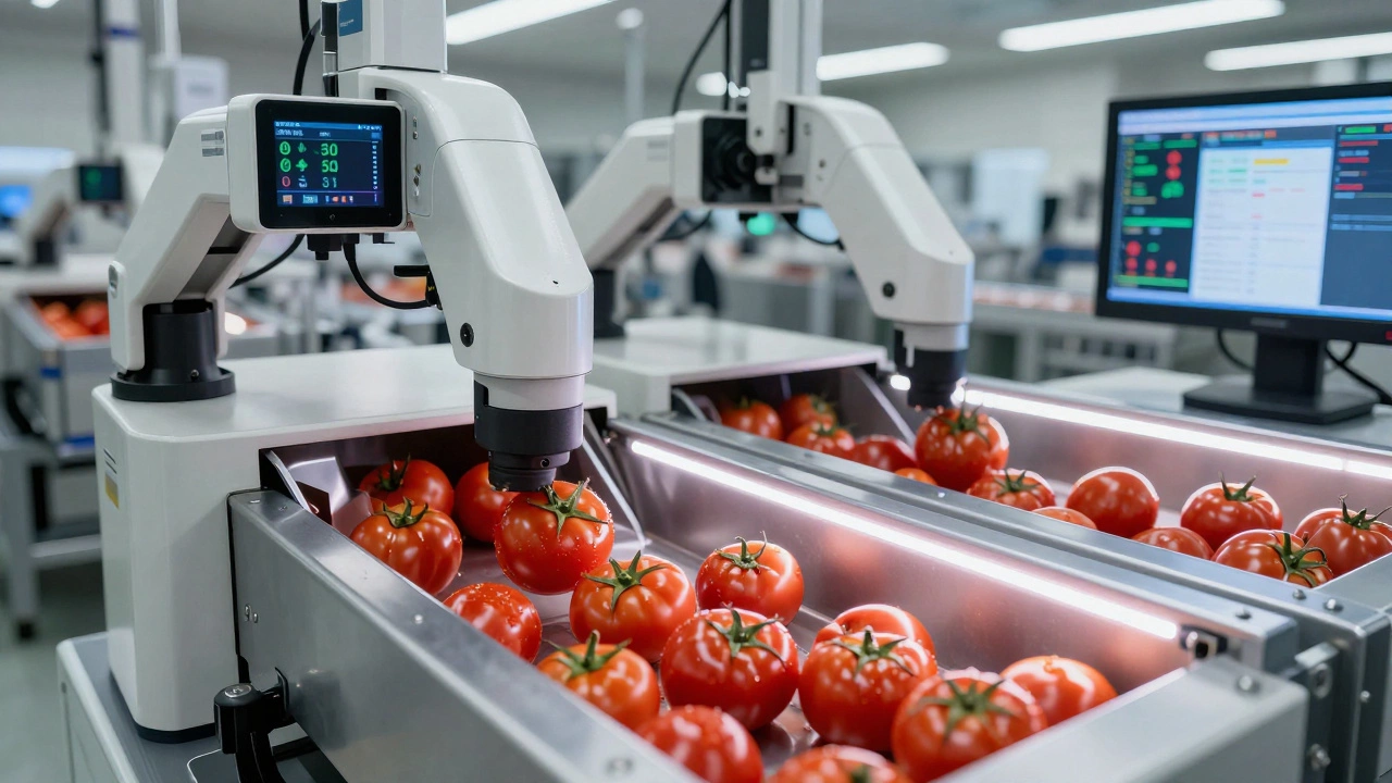 AI-powered cameras sorting tomatoes by quality on a conveyor belt.