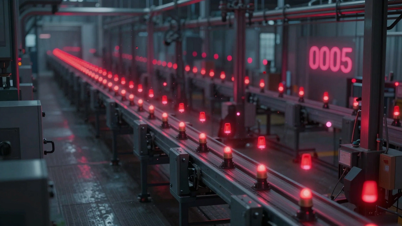 An abstract industrial scene where one tiny particle out of alignment triggers warning lights across a massive food production line.