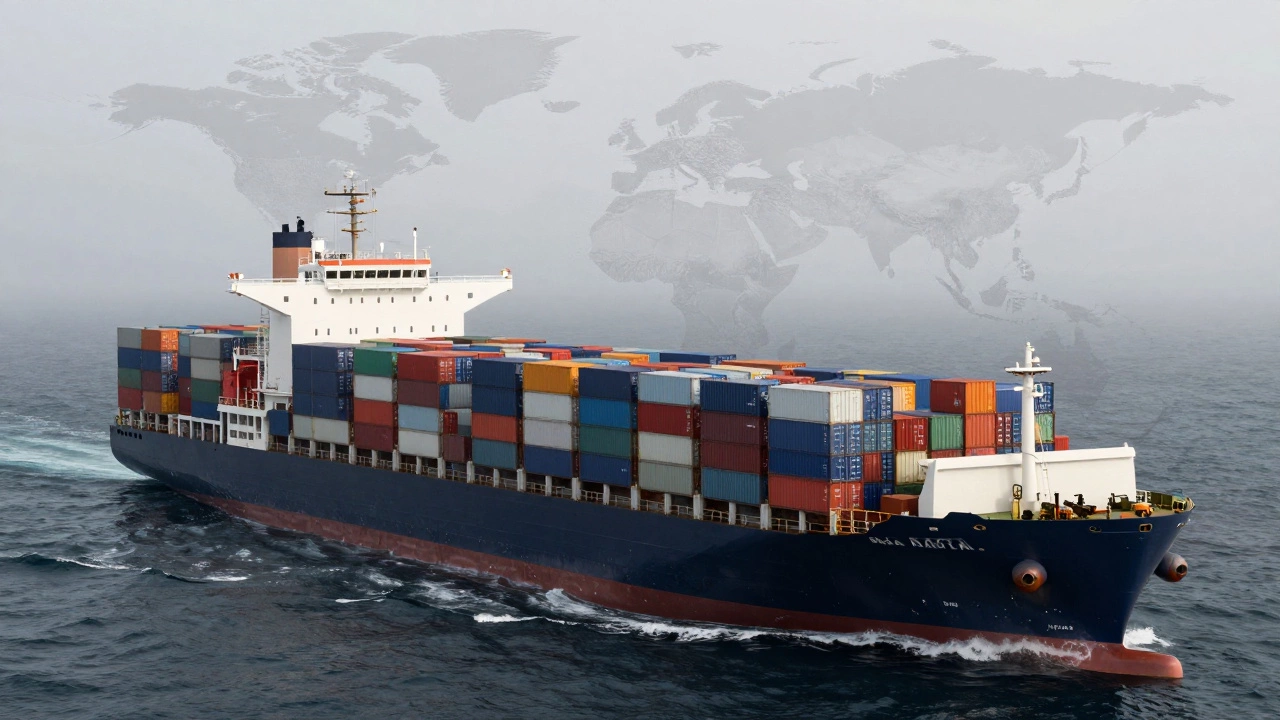 Cargo ship with global trade routes indicating offshoring impact