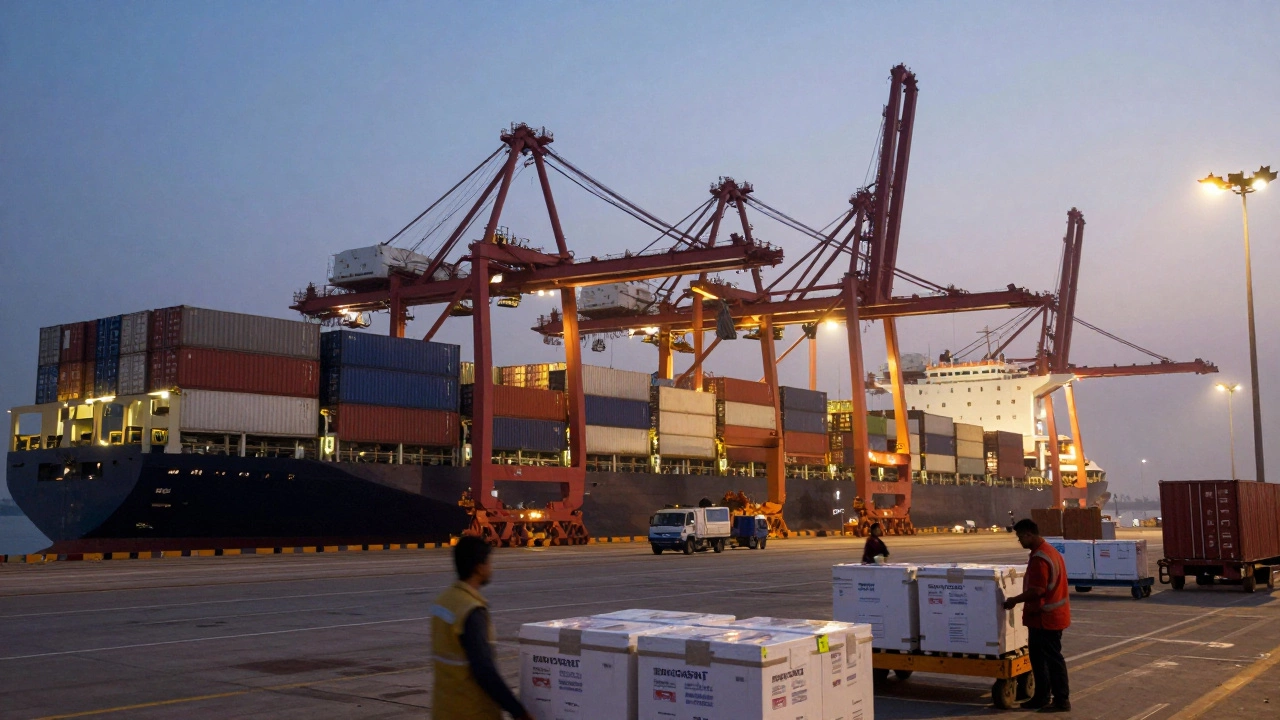Cargo ships and shipping containers at a harbor during twilight representing medical exports