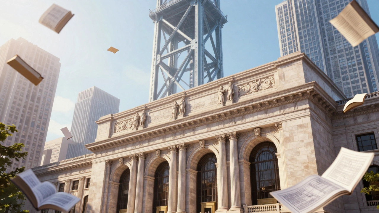 Carnegie library building blending with steel skyscraper beams.