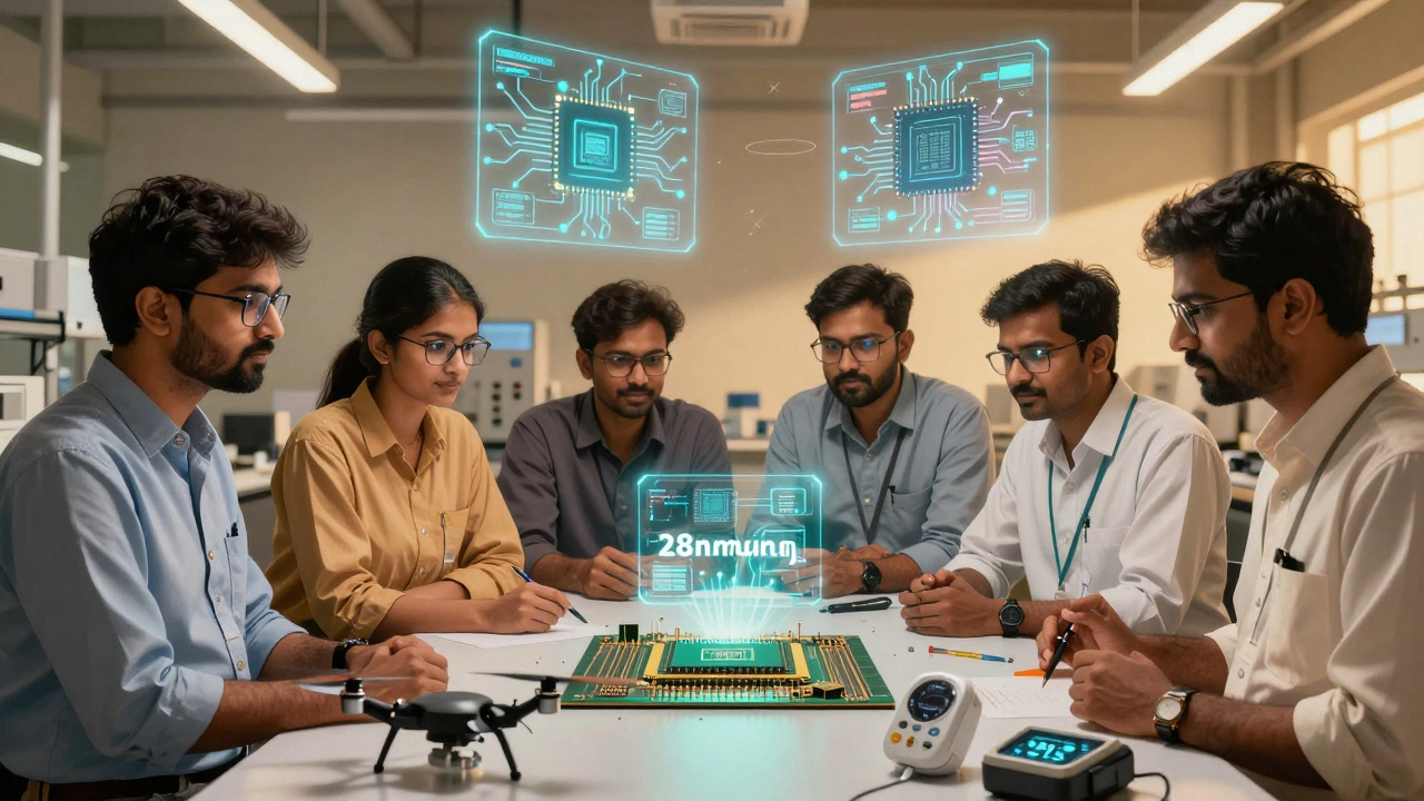 Indian engineers in a lab examining locally made chips beside drones and smart devices with holographic circuit designs.