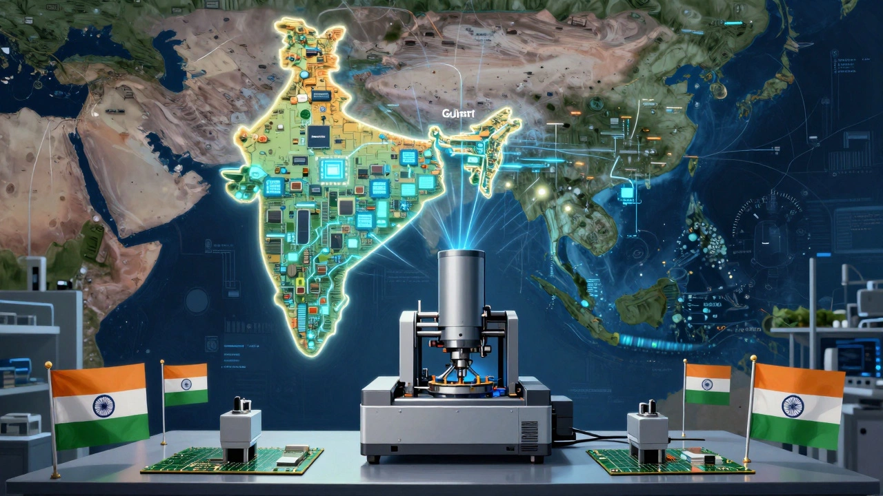 Map of South Asia glowing with chip hubs, connected by data streams to neighboring regions, with a prototype EUV machine in foreground.