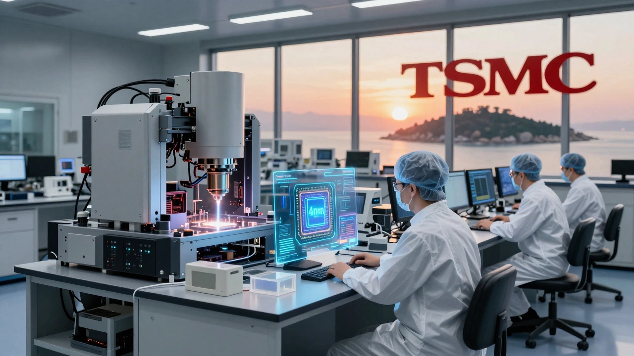 Scientists in a lab monitoring holographic 1.4nm chip designs, with AI machines improving precision, representing TSMC's future innovation.