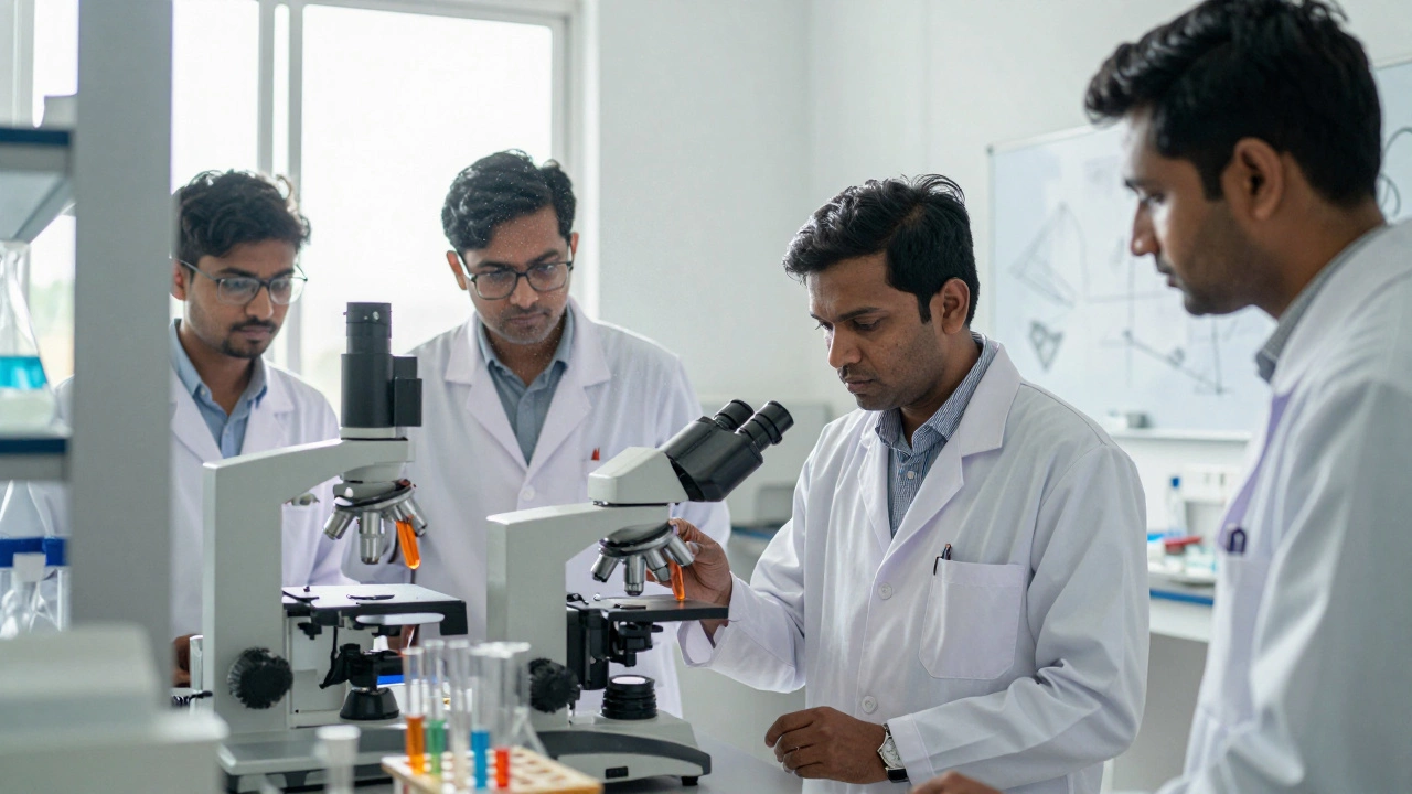 Scientists working in a biology laboratory with colorful chemical solutions in test tubes