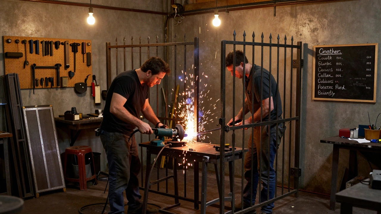 Two artisans welding custom metal garden gates in a British workshop with sparks and hanging tools.