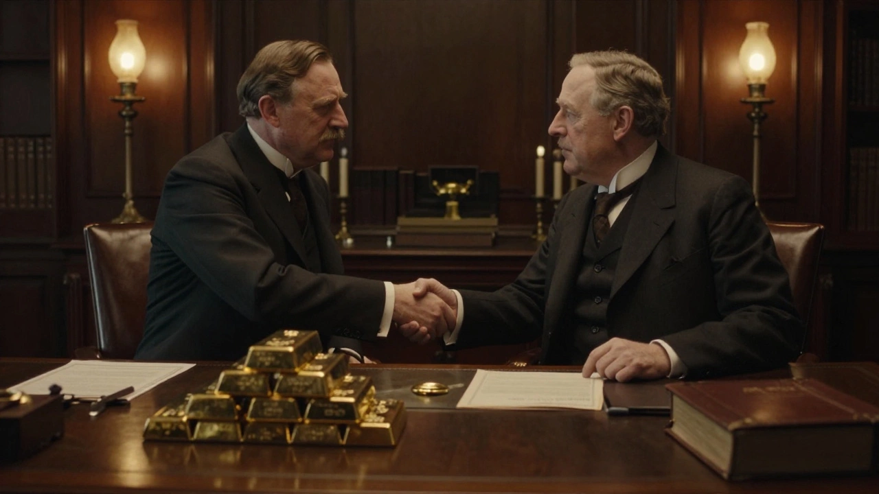 Two men shaking hands over a desk with gold bars.