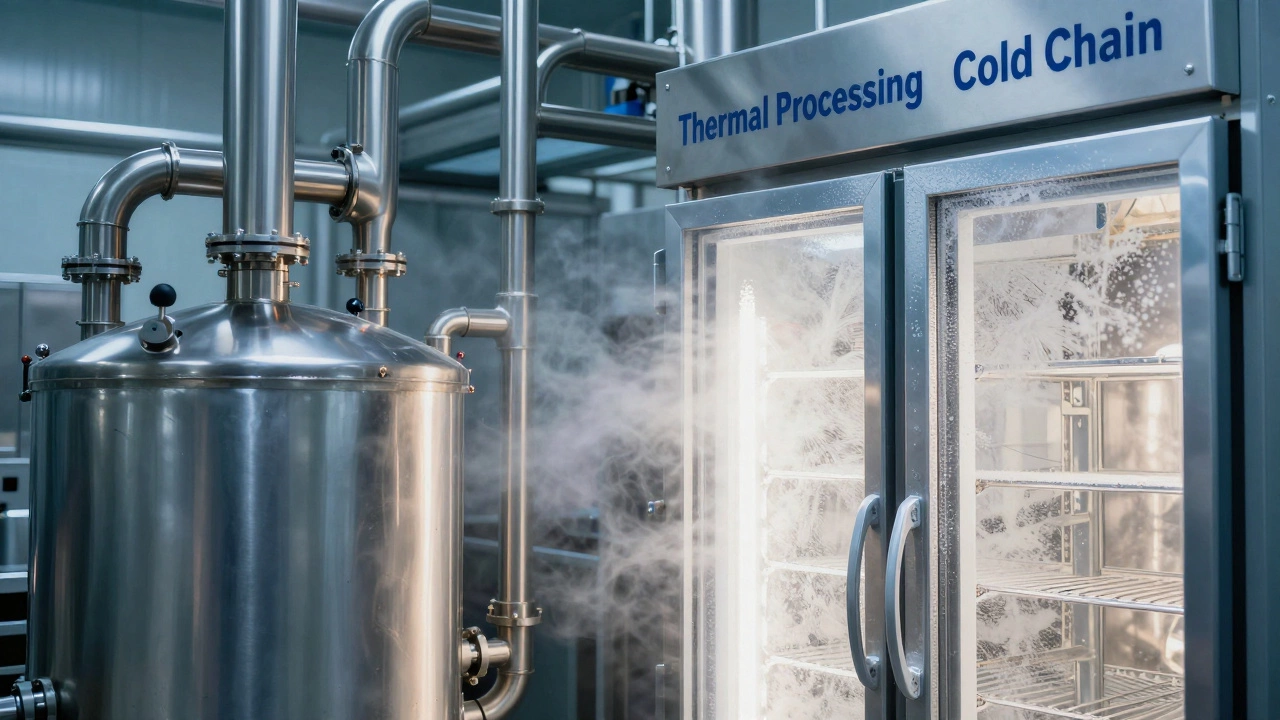 Close-up of industrial refrigeration and thermal processing pipes in a food manufacturing facility.