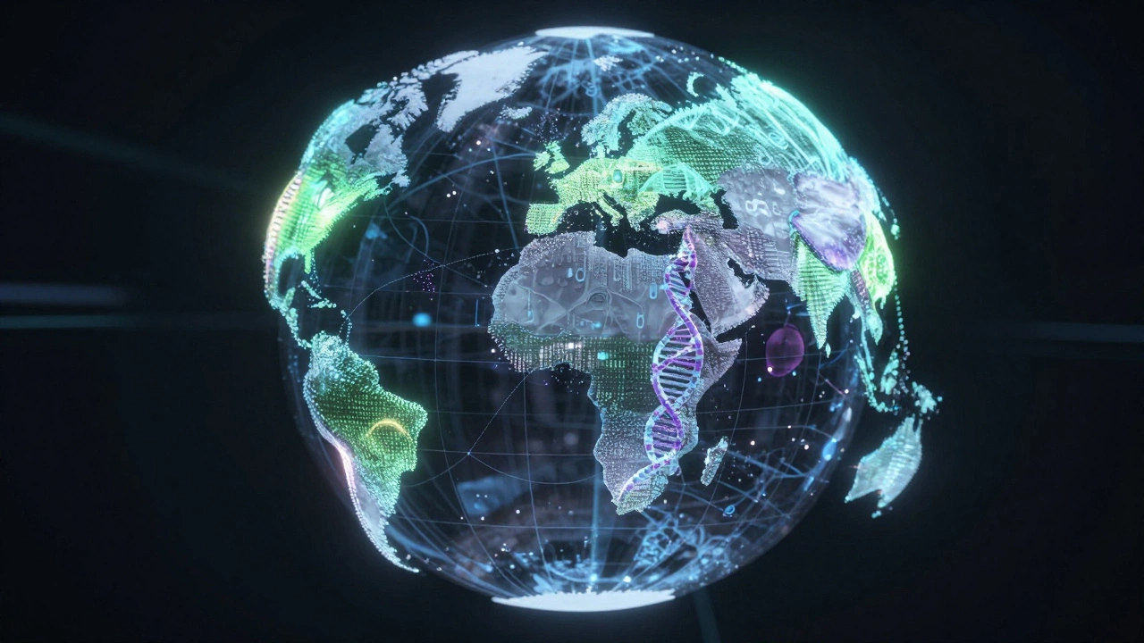 Digital conceptual art of a globe connected by molecular structures and data streams.