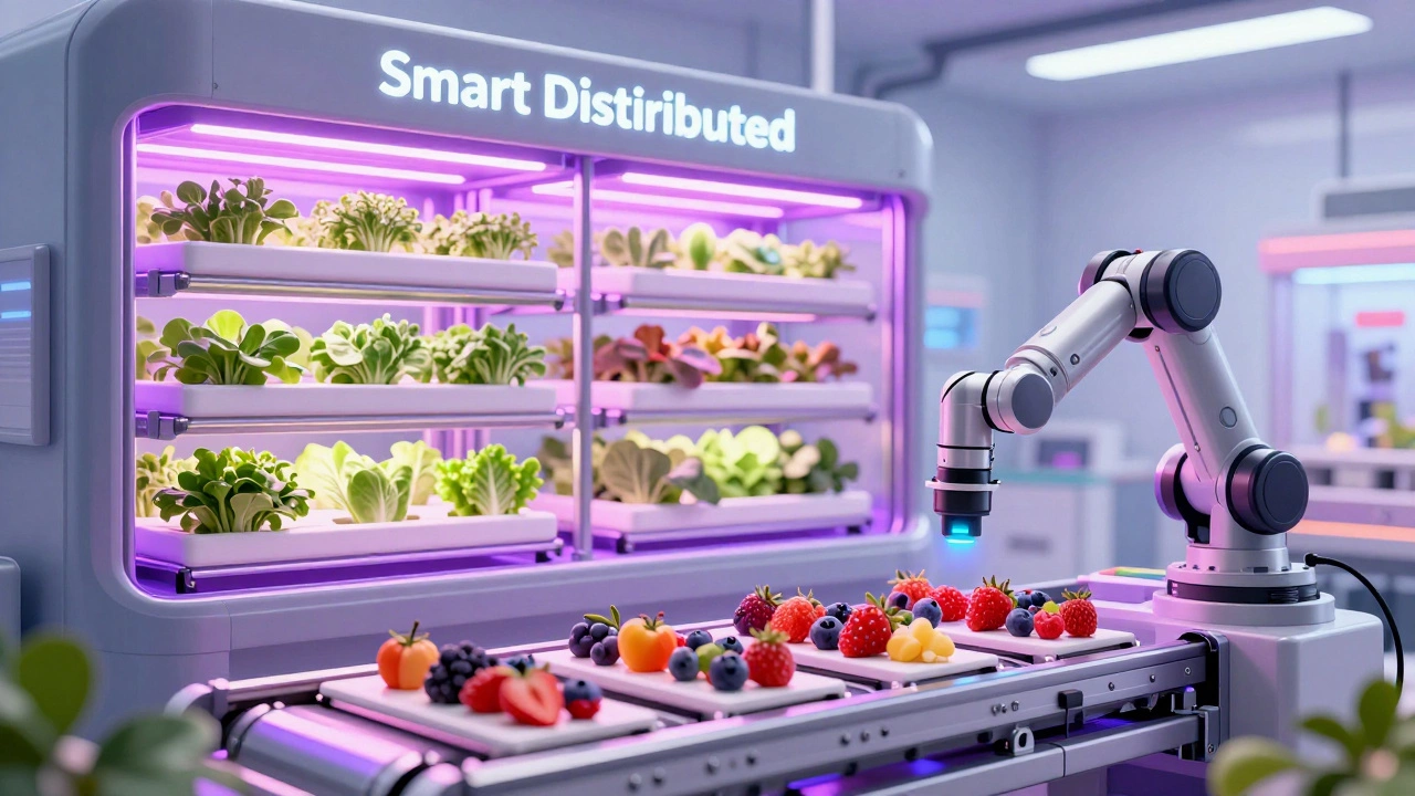 Futuristic vertical farm integrated with robotic AI sorting arms for berries.