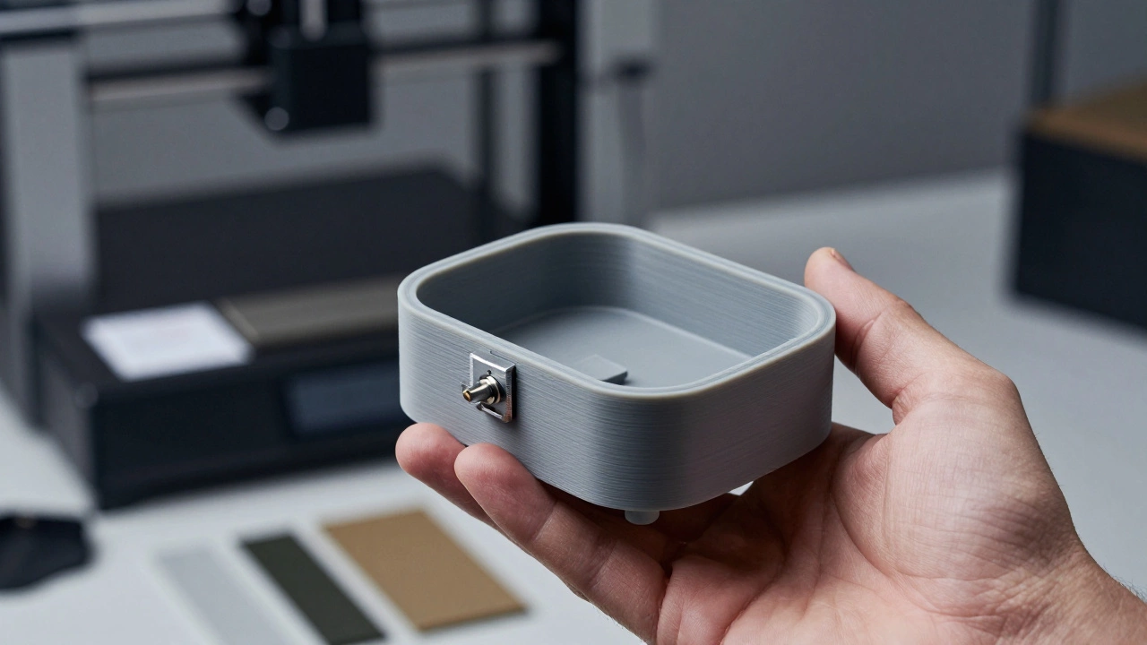Hand holding a 3D-printed prototype of a product in a design studio
