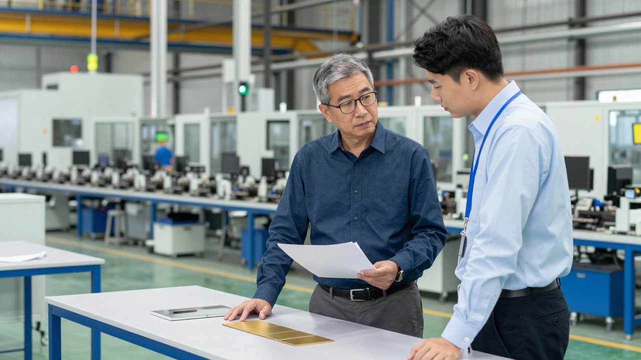 Inventor and factory manager reviewing a product sample in a manufacturing plant