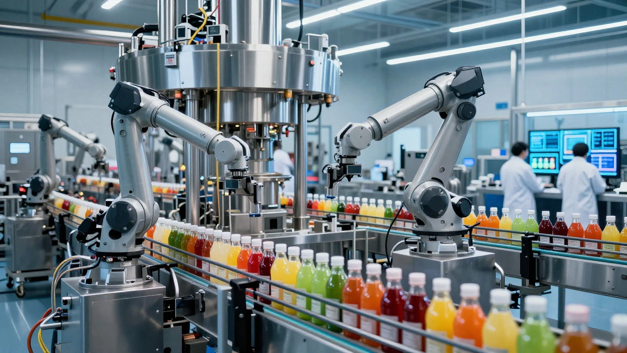 Large-scale automated beverage processing plant with robotic arms and steel machinery.