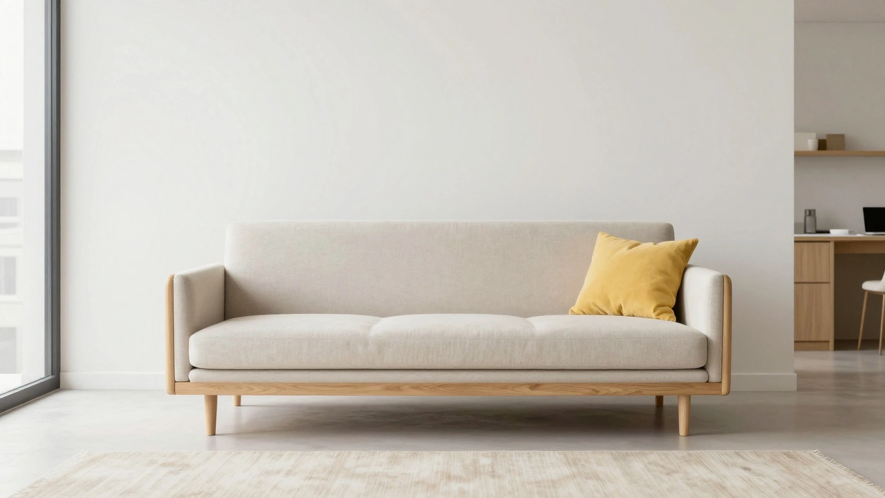 Modern minimalist sofa with light Mango wood legs in a bright urban apartment