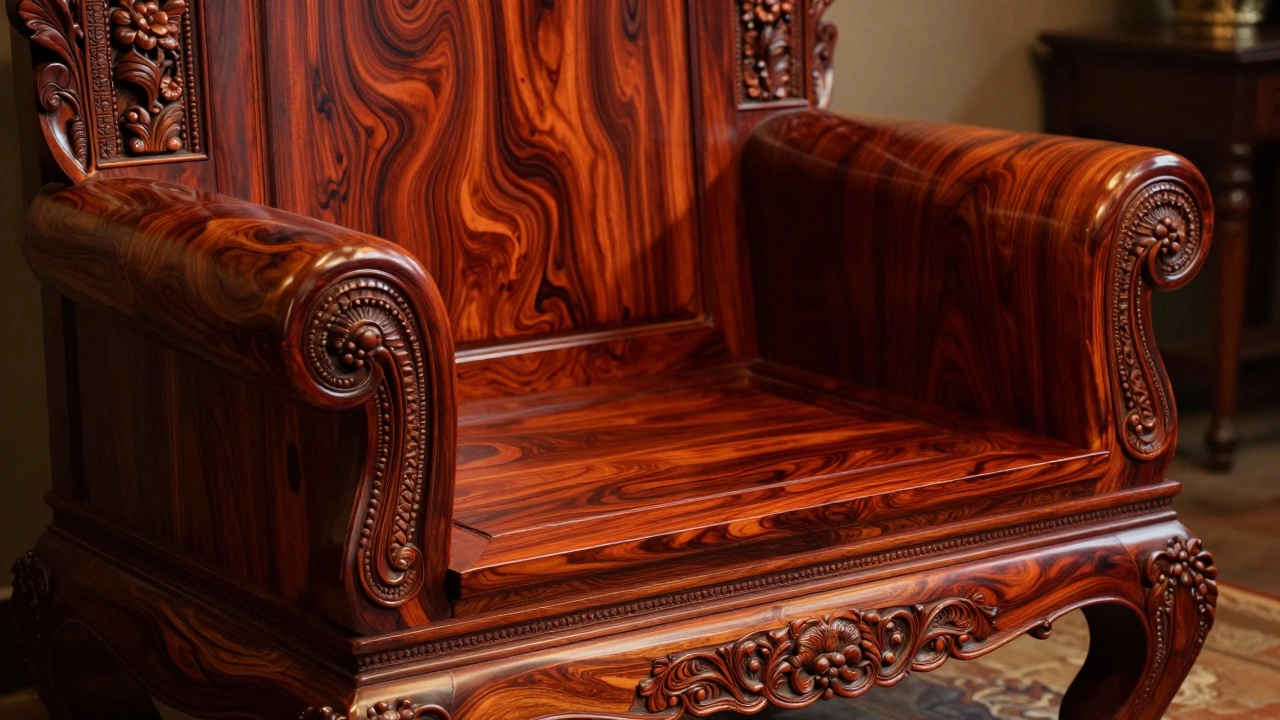 Ornate Sheesham wood sofa with traditional Indian carvings and deep red grains