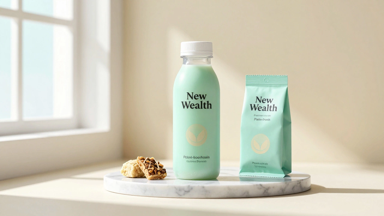 Premium plant-based protein snack and probiotic drink on a white marble pedestal.