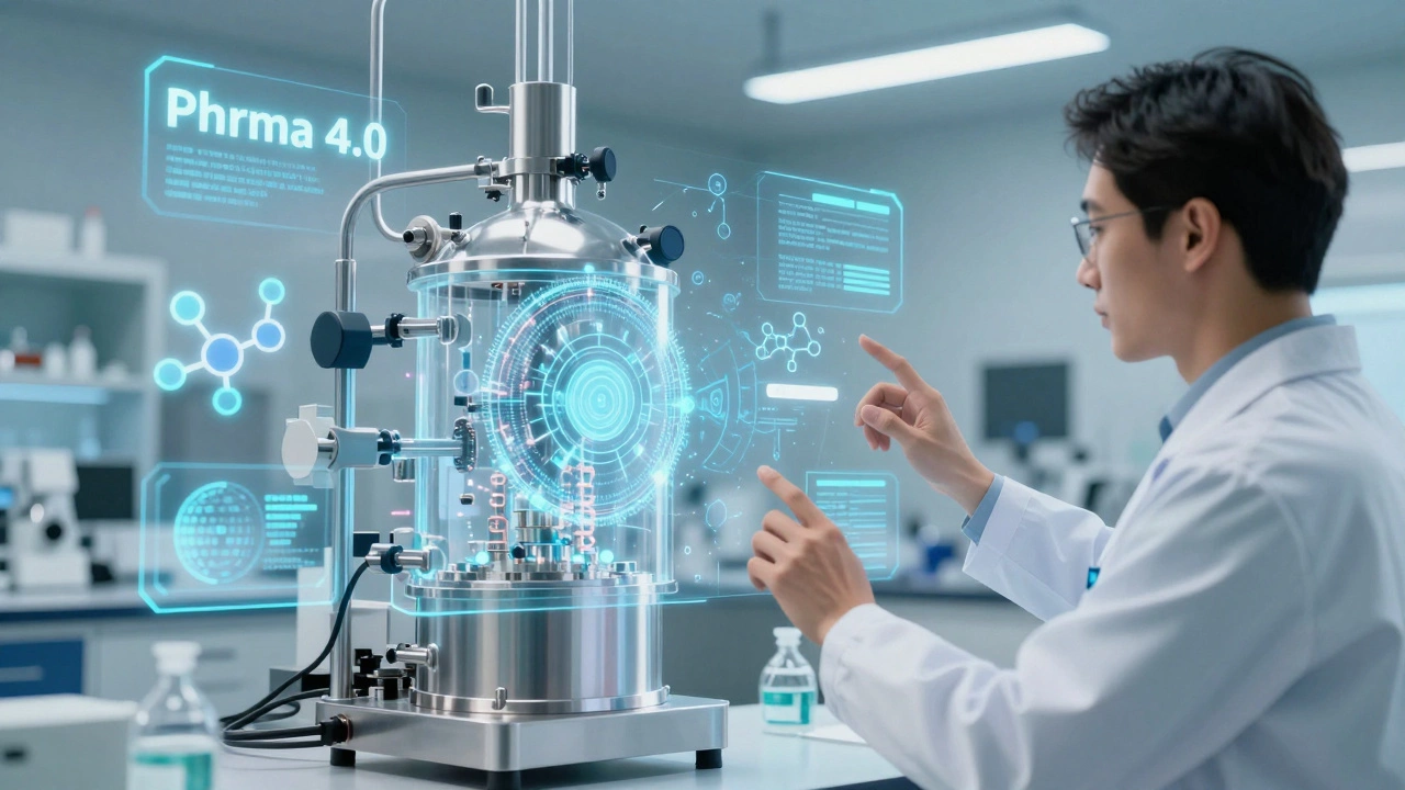 Scientist interacting with a holographic digital twin of a pharmaceutical bioreactor.