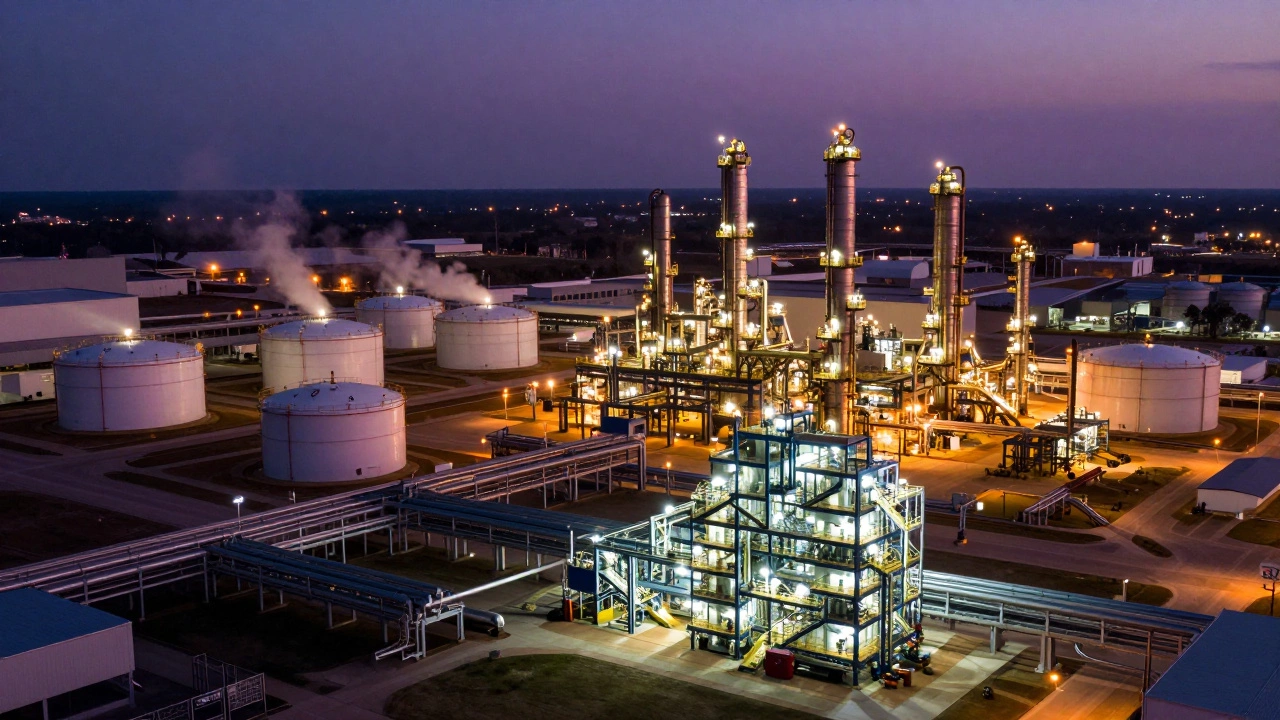 Aerial view of Texas refineries and semiconductor plants at twilight