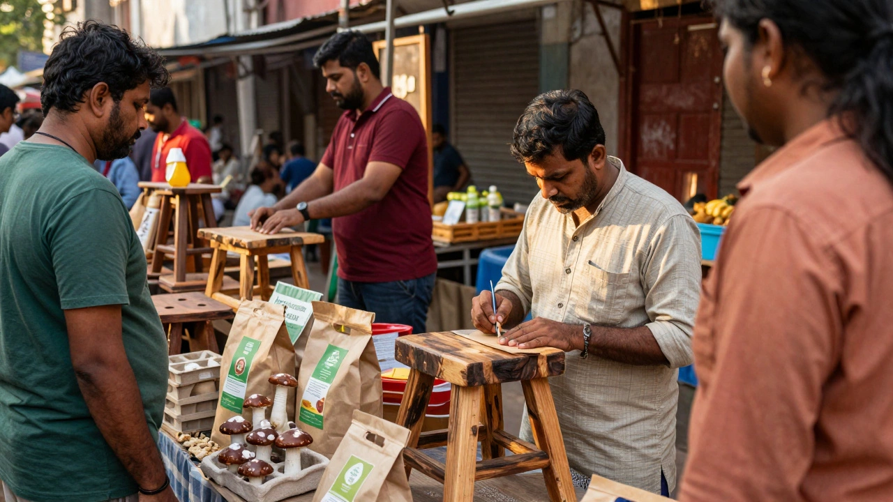 Artisan selling handmade wood furniture and eco-packaging at market