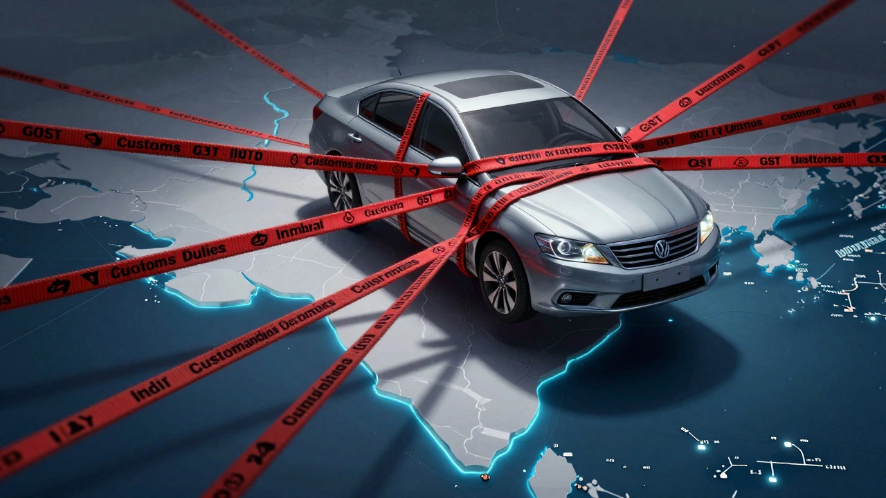 Car tangled in bureaucratic ropes over map of India