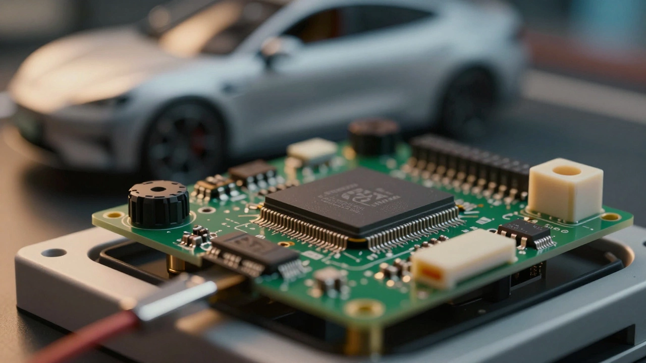 Close-up of an automotive sensor module representing Indian tech exports