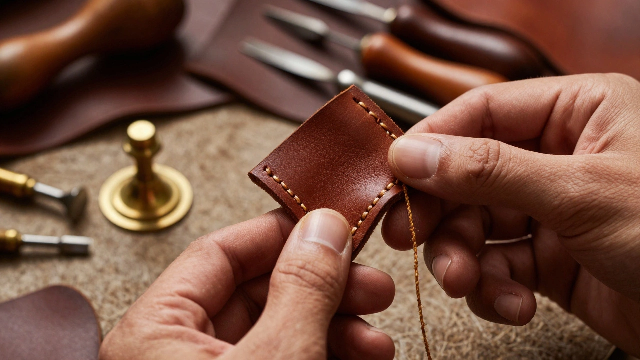 Close-up of hand-stitched full-grain leather showcasing detailed artisan craftsmanship.