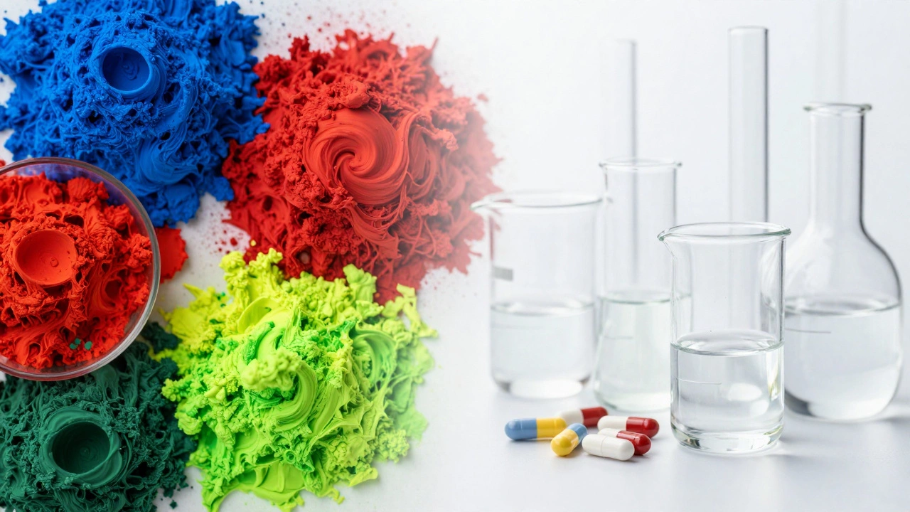 Colorful dyes and pharmaceutical liquids blending together