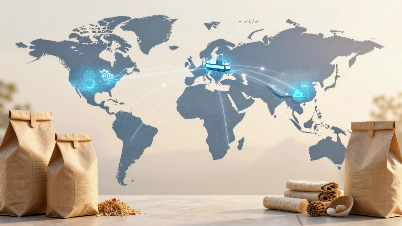 Conceptual art showing sustainable supply chains and eco-packaging