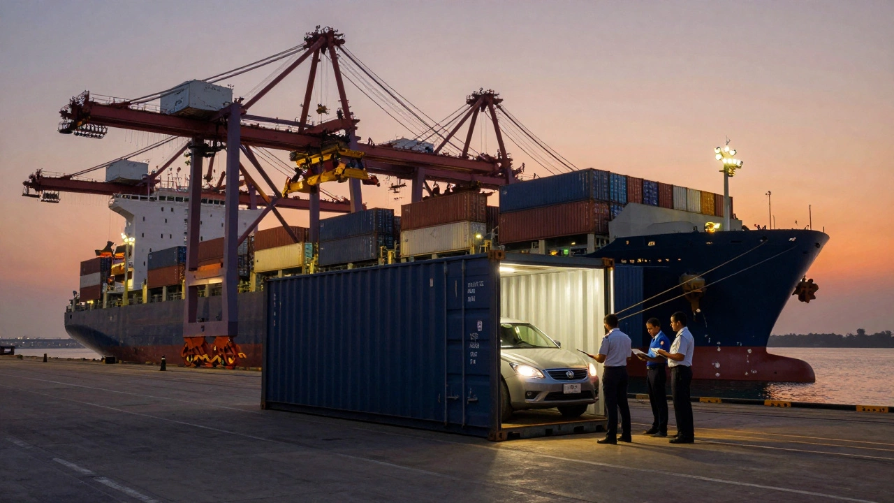 Customs officials inspecting imported car at port