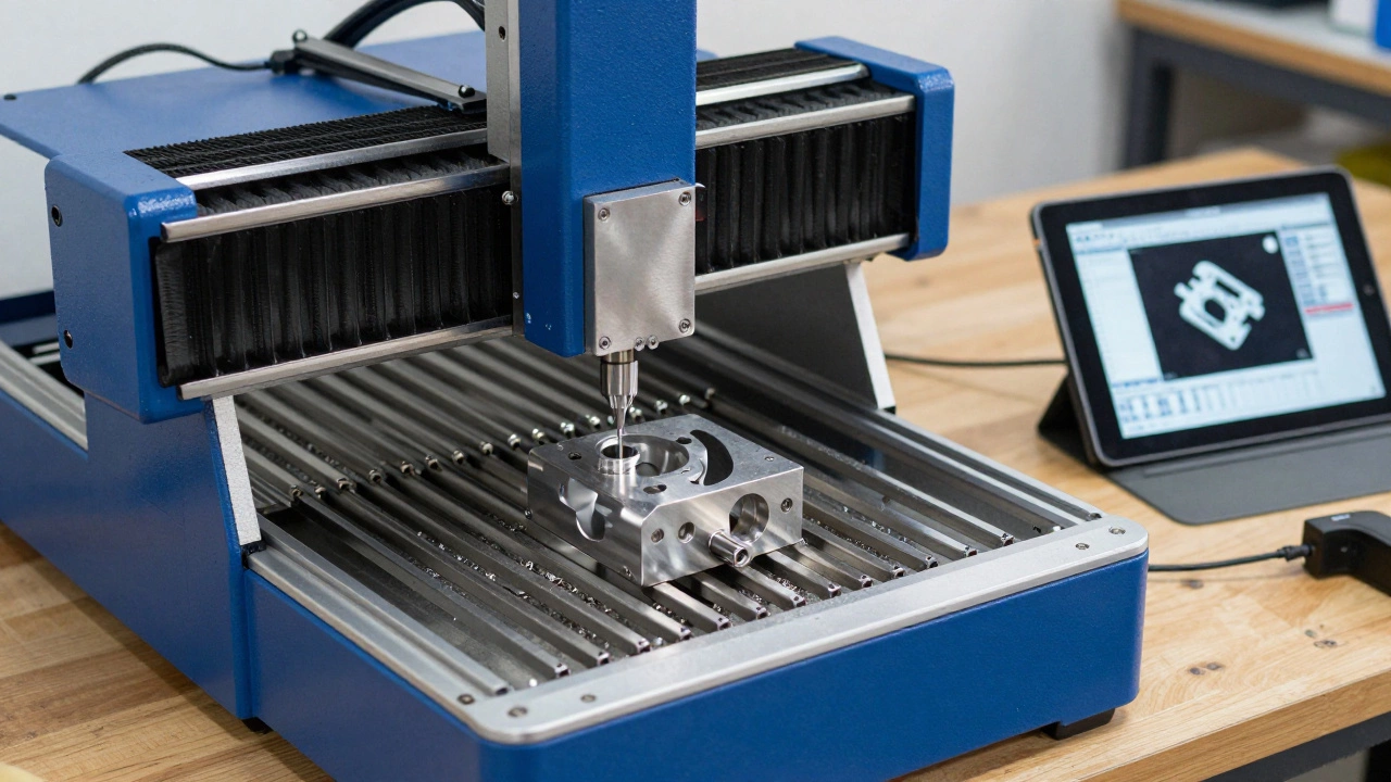Desktop CNC machine carving custom metal part in a garage