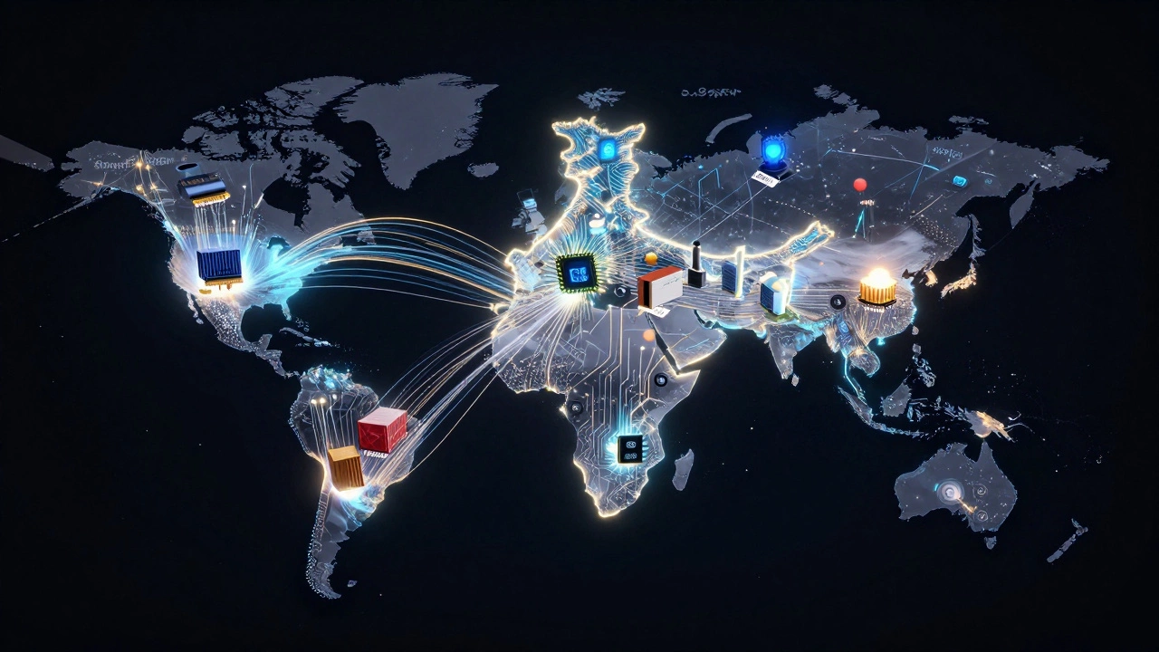 Glowing map showing trade connections between India and global electronics markets