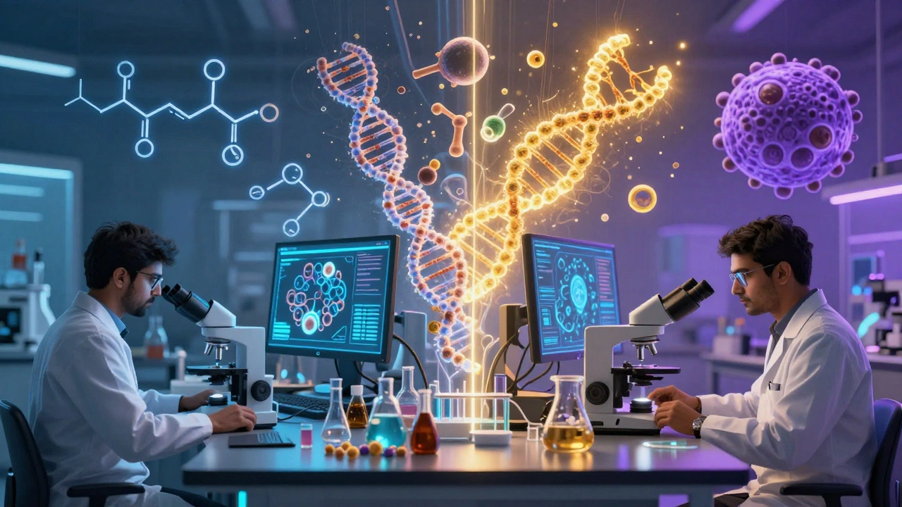 Indian scientists researching biosimilars in a futuristic biotech lab