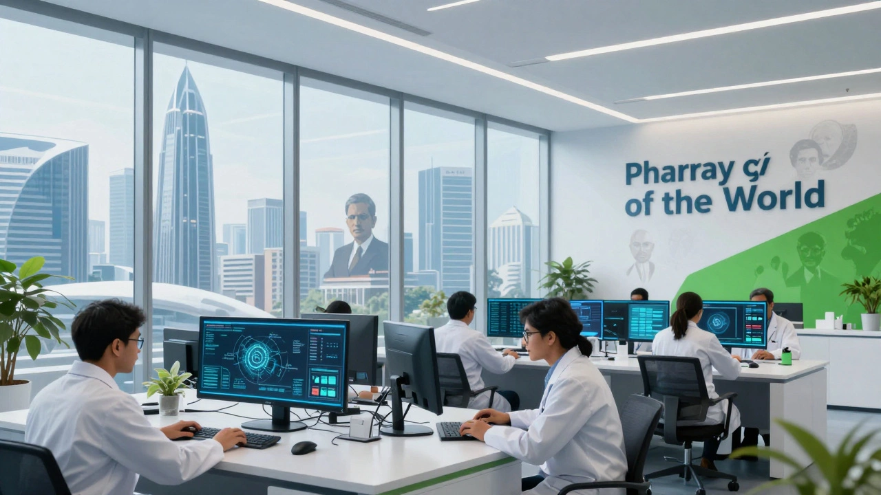 Modern scientists in a high-tech lab with historic figures in the background.