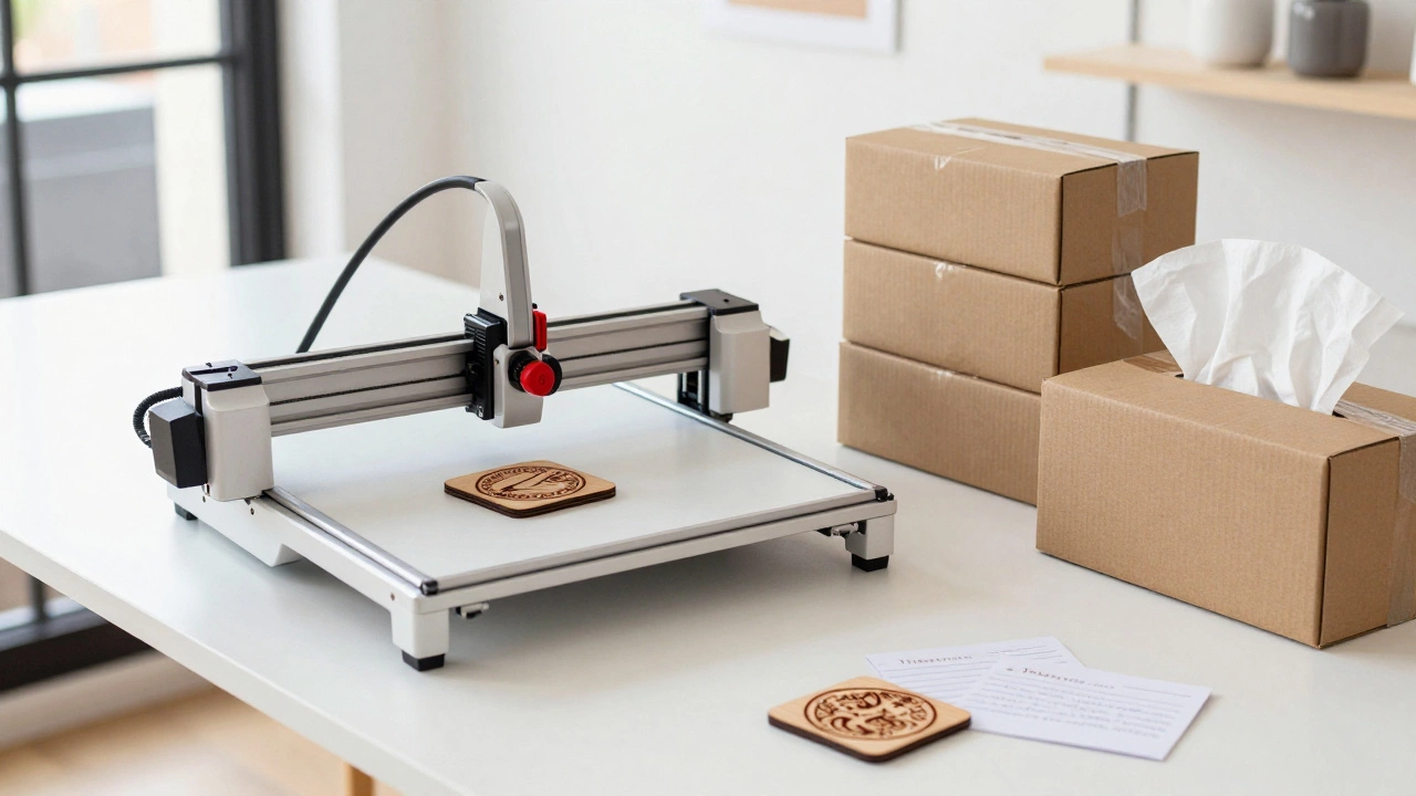 Organized craft studio with laser-cutting machine creating personalized wooden home decor items.