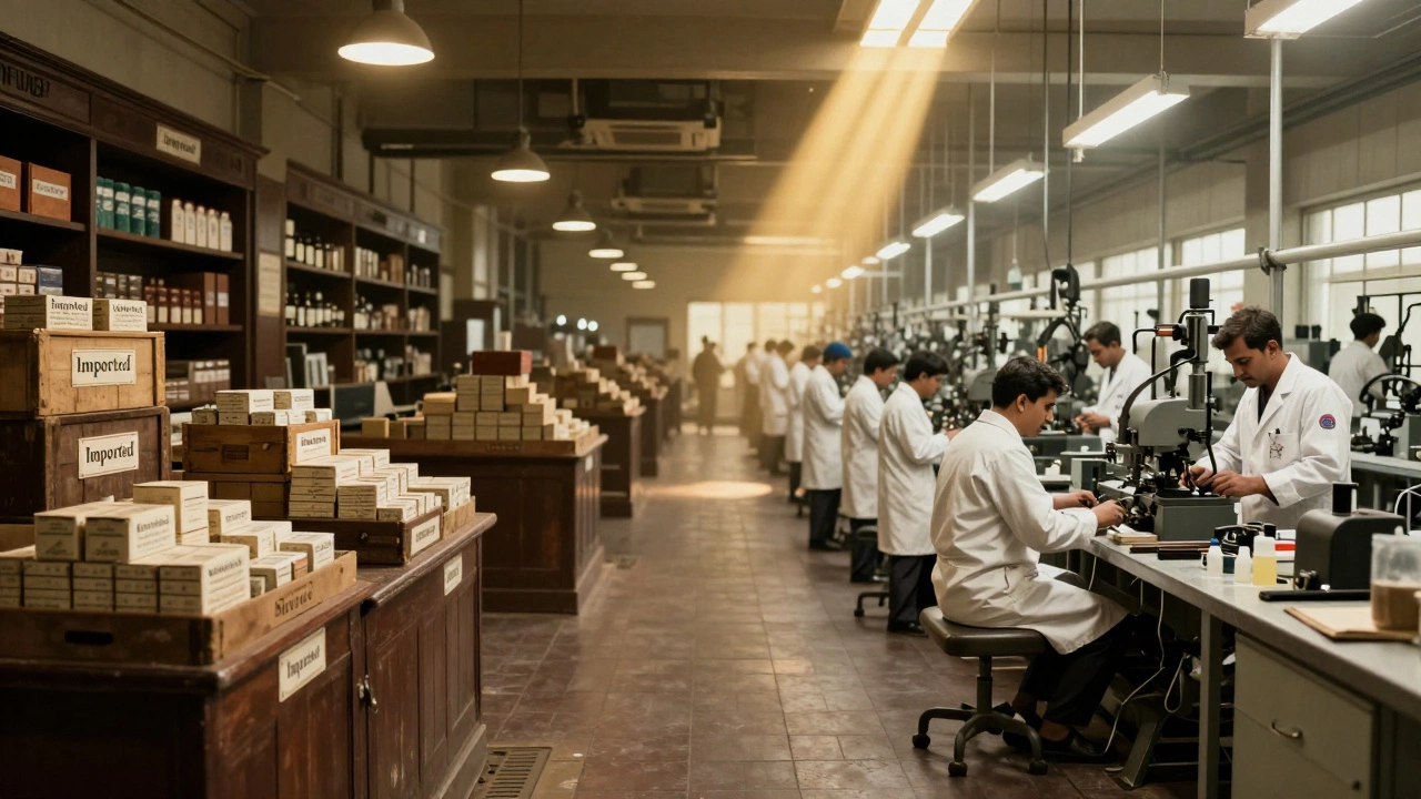 Split image contrasting 1930s medicine trading with 1950s local manufacturing.