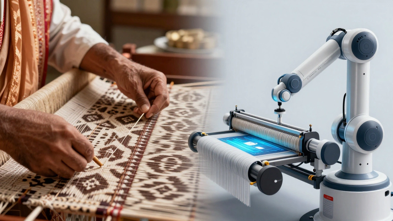 Split image of handloom weaving and automated textile robotics