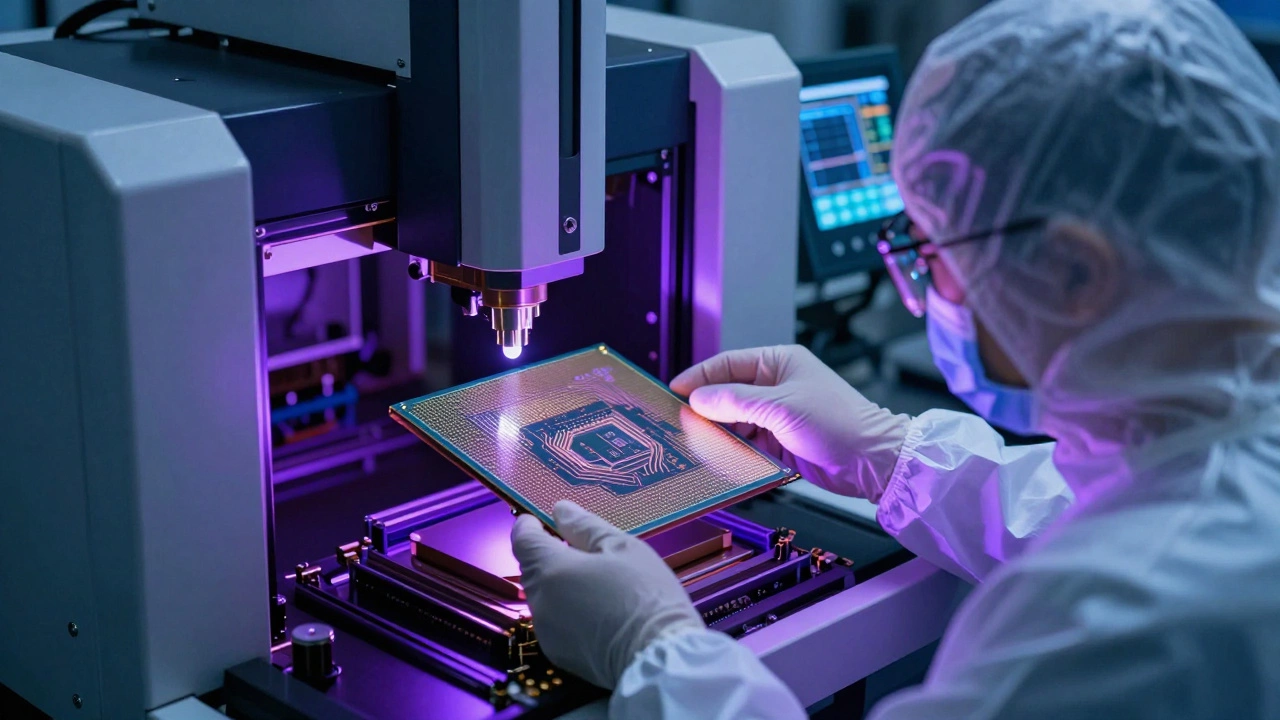 Technician inspecting a silicon wafer in a high-tech semiconductor cleanroom