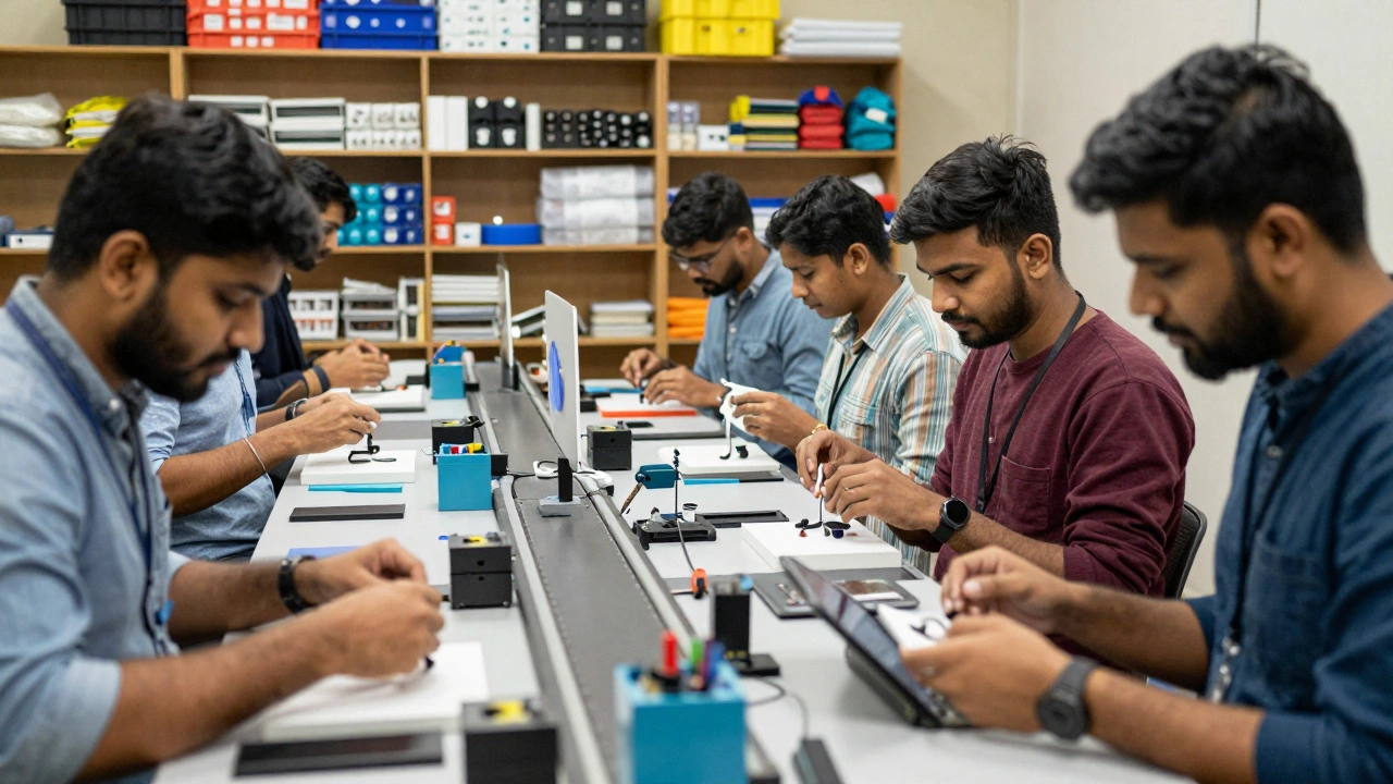 Young entrepreneurs assembling products in a busy shared makerspace
