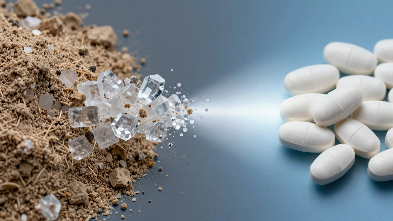 Abstract visualization of chemicals transforming into pharmaceutical pills