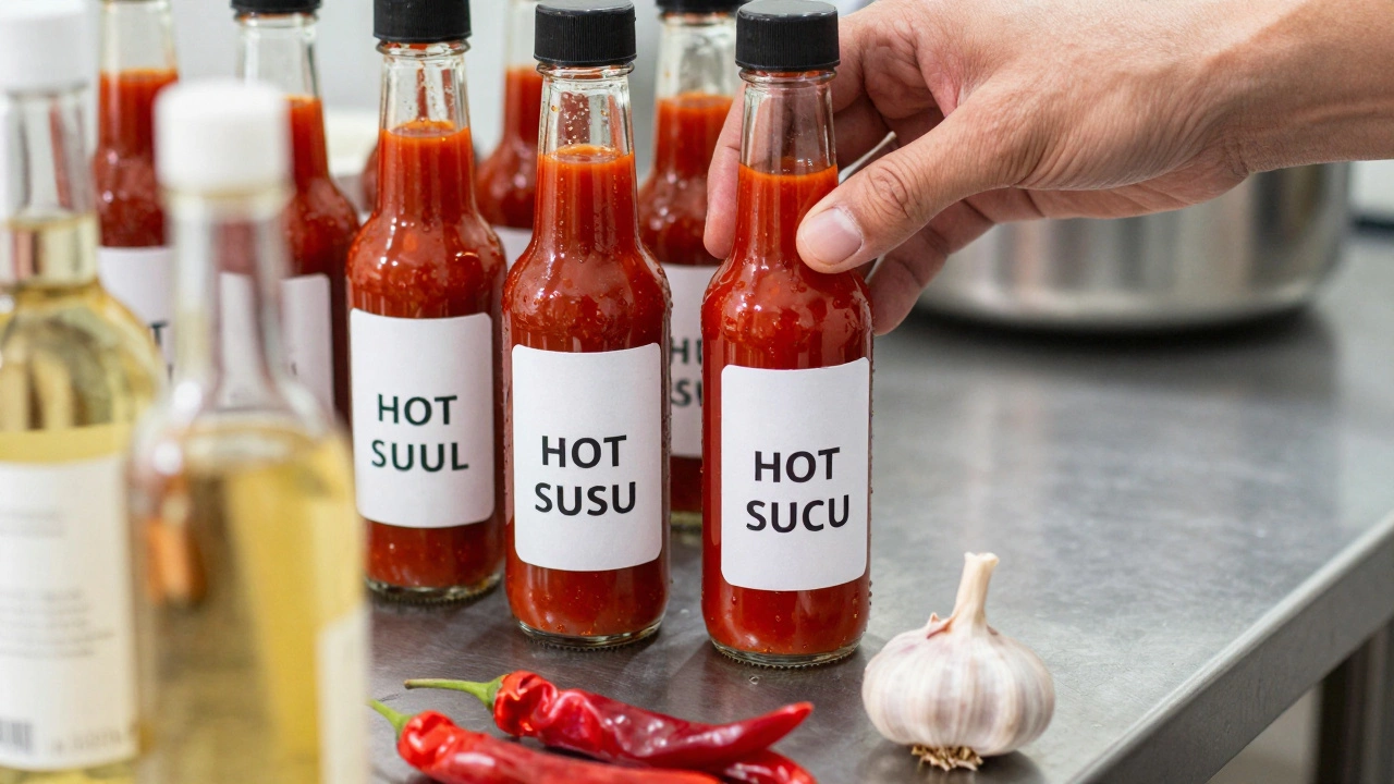 Artisanal hot sauce bottles being labeled with fresh chilies and ingredients nearby