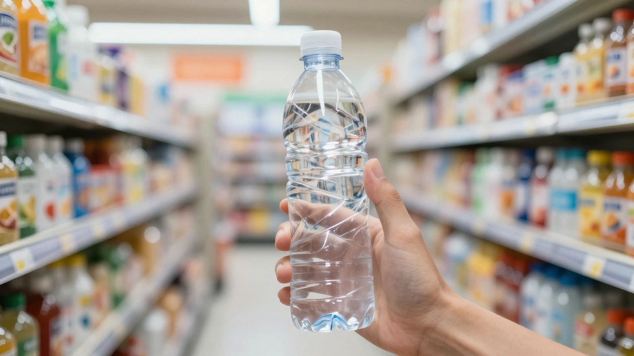 Close-up of a hand holding a plastic water bottle in a grocery store aisle