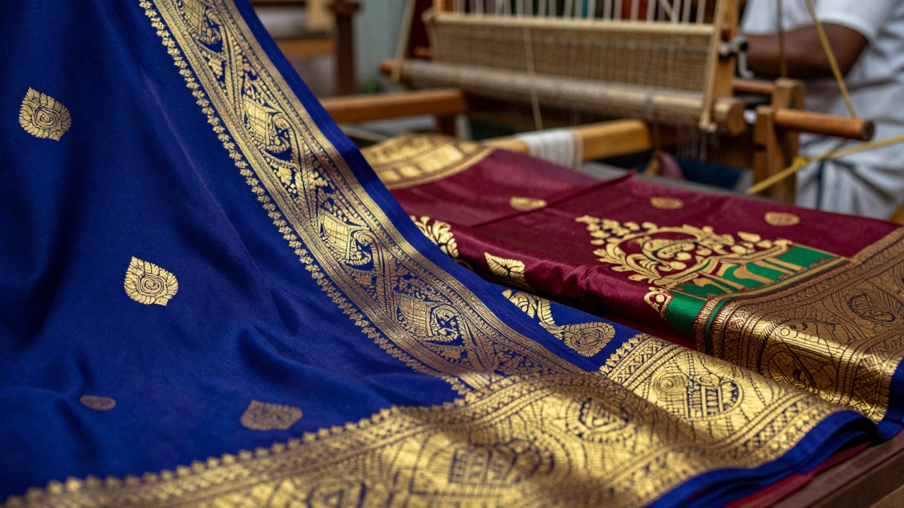Close-up of luxurious Banarasi and Kanchipuram silk with gold zari details
